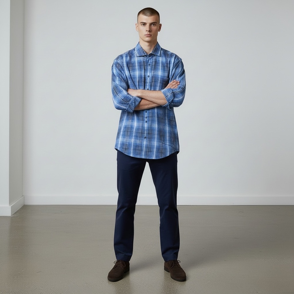 Bugatchi Uomo Mens XL/XXL 52” Chest Blue Plaid Stripe Cotton Shirt Longsleeves